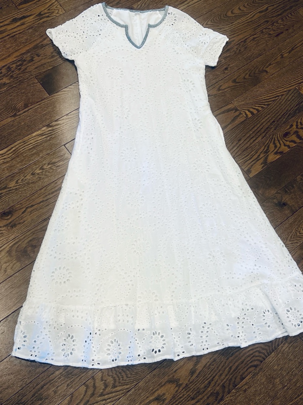 White Eyelet Midi Dress Silver Metallic Trim Size M Summer Boho Cottagecore